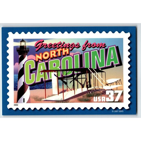 Greetings From North Carolina Large Letter Chrome Postcard USPS 2001 Lighthouse - Picture 1 of 2
